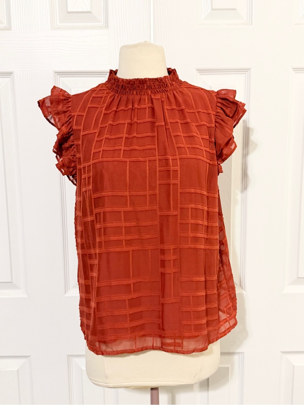 Versona Rust Grid-Textured Ruffle Sleeve Blouse